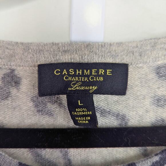Charter Club Sweater Womens Large Cashmere Gray Leopard Print Ski Cold Shoulder - Picture 3 of 8